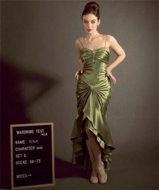 qgtao Elegant Vintage Olive Green Prom Party Gown Celebrity Dresses Sweetheart Crystal Button Pleat Taffeta Satin Evening Dress