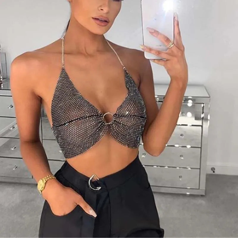 qgtao Shiny Rhinestone Crop Top Women Shining Backless Mesh Sexy Festival Top Party Nightclub Vest cropped Bra Top feminino