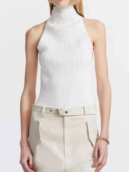 qgtao Sexy Crop Top Women T shirt Summer Cut Out Vest Round Collar Sleeveless Solid Knitting Tank Tops  Hollow Out Street wear