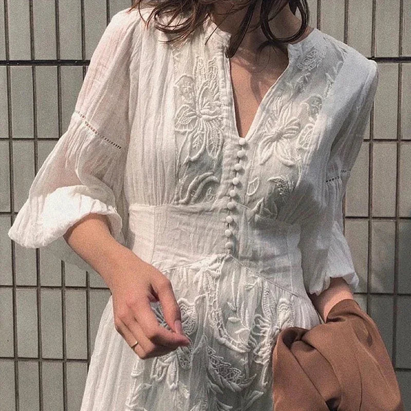 qgtao White Floral Embroidery Maxi Dress Vintage Boho Long Lantern Sleeve Dress Women V-neck Holiday Sexy Ladies Dresses