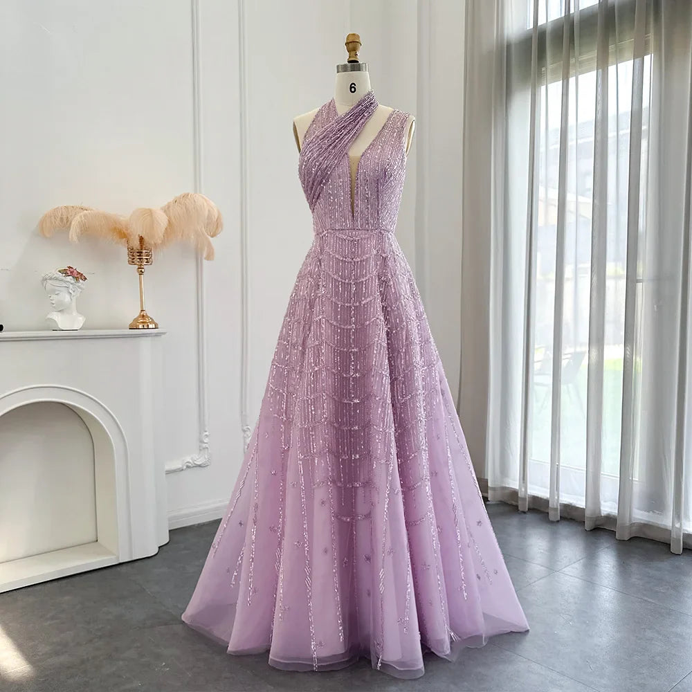 Luxury Beaded Dubai Lilac Evening Dresses for Women Wedding Party Elegant Long Arabic Prom Formal Gowns