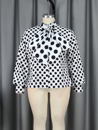 qgtao Plus Size Blouse for Women Black White Printed Long Sleeves Button Up Formal Occasion Office Lady Work Shirts Tops with Bowtie