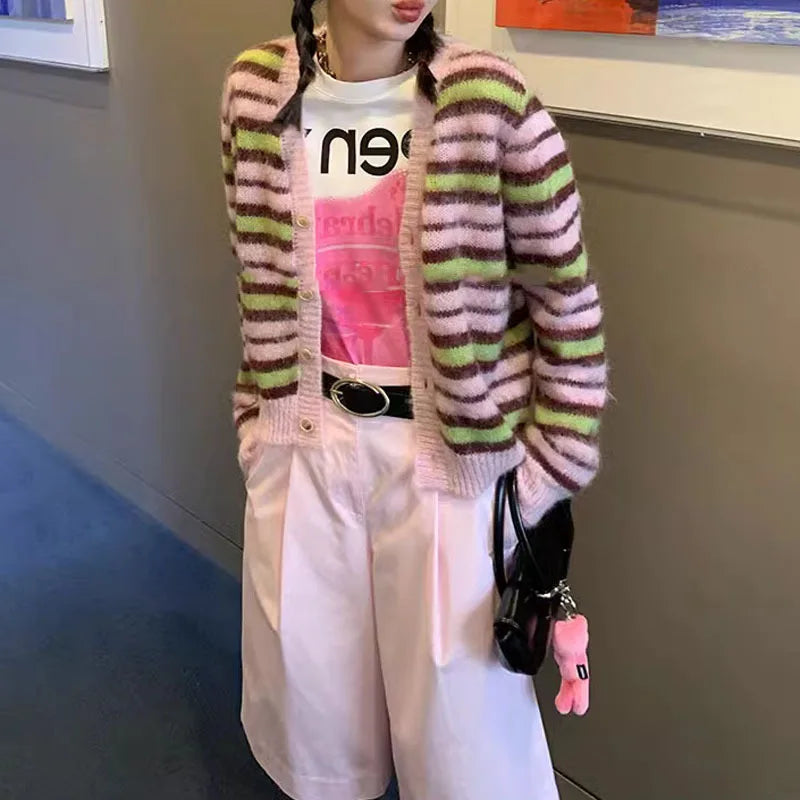 Autumn Striped Mohair Knitted Cardigans Winter Women Vintage Gentle Elegant Loose Sweater Casual V-neck Long Sleeve Knitwear
