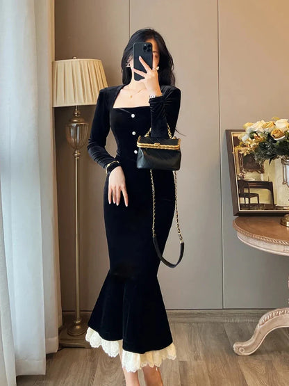 qgtao  Black Elegant Dress Women Vintage Bodycon Long Dresses Party Lace Patchwork Evening Prom 2024 Fashion Robe Slim