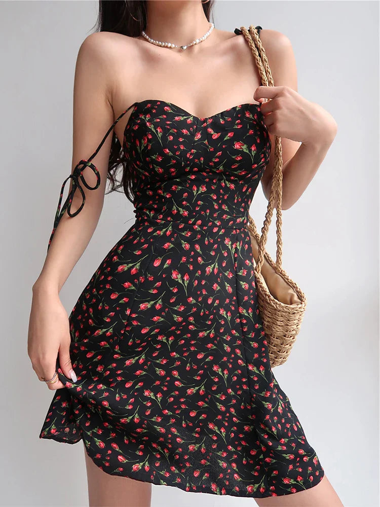 qgtao Summer Y2K Retro Floral Strap Bow Black Dress Mini Fashion Aesthetic Club Party Sexy Dresses for Women A-line Outfits