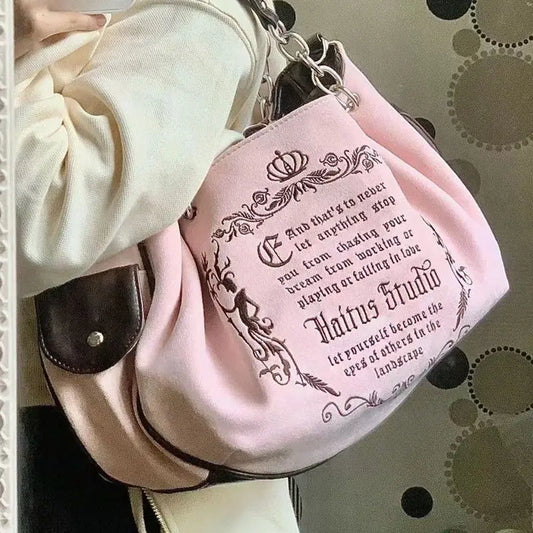 qgtao Y2K Pink Vintage Gothic Women Tote Bag Aesthetic Large Capacity Embroidery Letters Retro Shopping Travel Chain Shoulder Bag