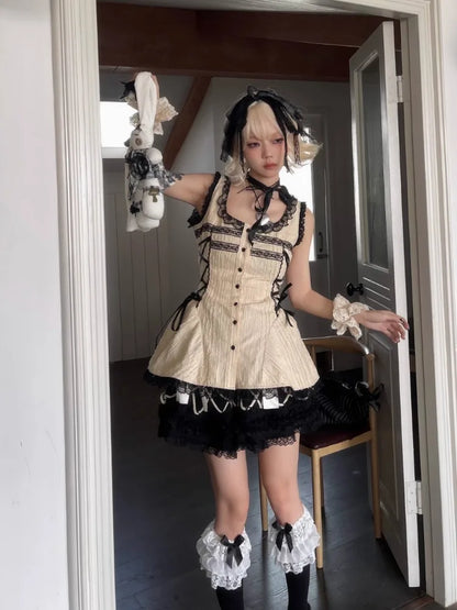 qgtao  -  Y2k Beige Button Up Blouse Women Lace Patchwork Bow Side Straps Square Neck Shirts Harajuku Streetwear Summer Goth Tops