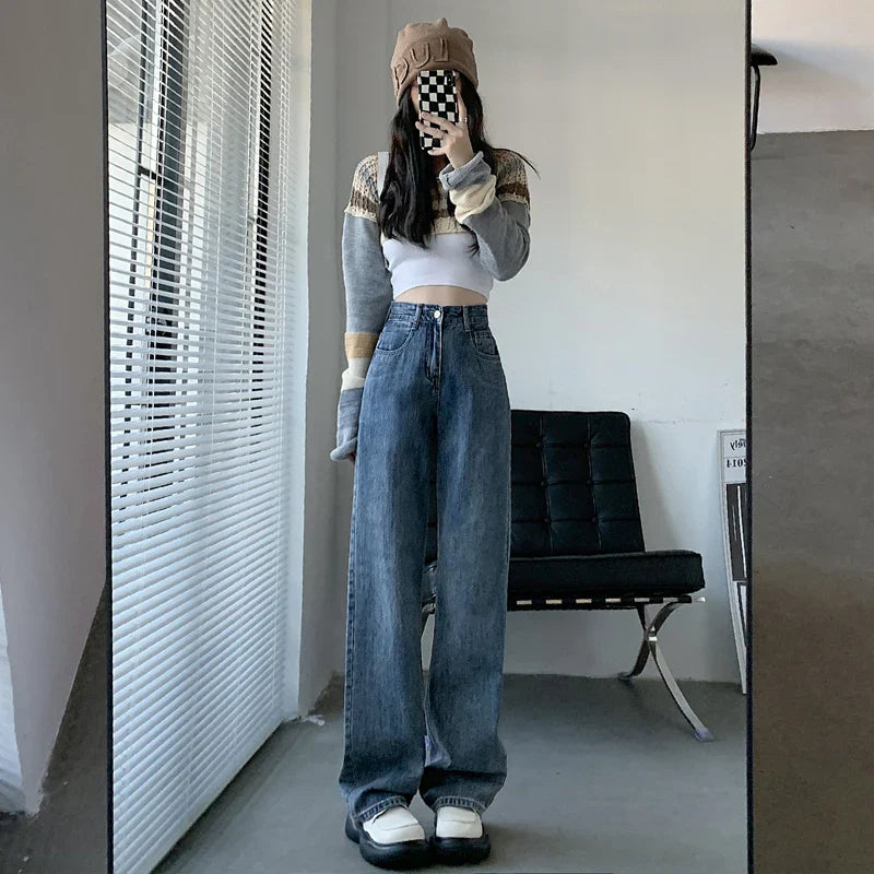 qgtao  High Waiste Jeans Y2K Fashion Women Clothing Blue Black Straight Leg Denim Pants Trousers Mom Jean Baggy Trousers Tall