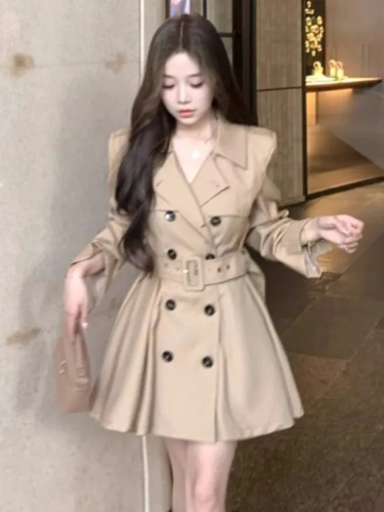 qgtao Autumn New Korean Chic Elegant Trench Coat Dresses for Women with Belt Turn-down Collar Double Breasted Casual Female Clothing