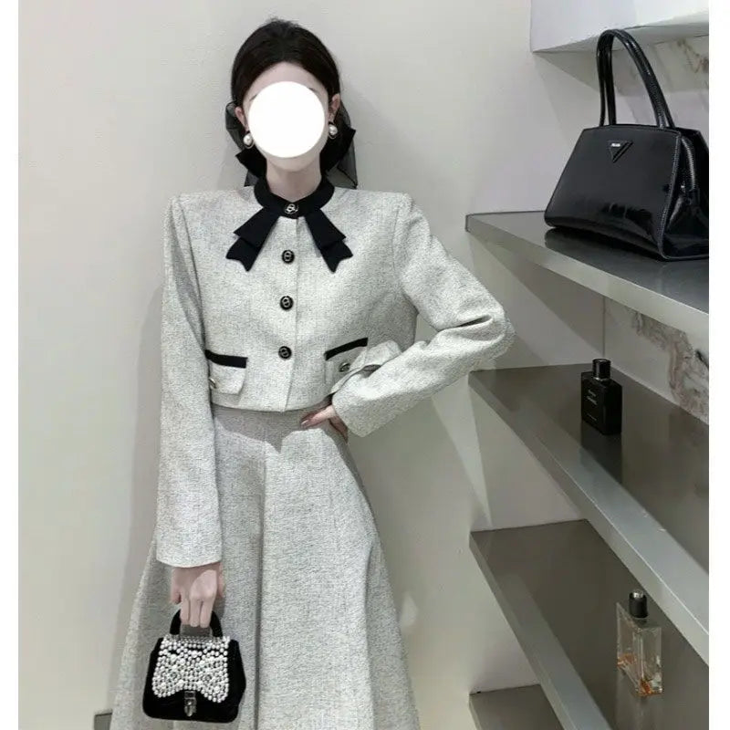 qgtao Korean Elegant Two Piece Set Women Autumn Chic Bow Coat Folds Midi Skirt Set Vintage Office Lady Formal Occasion Party Skirt Set