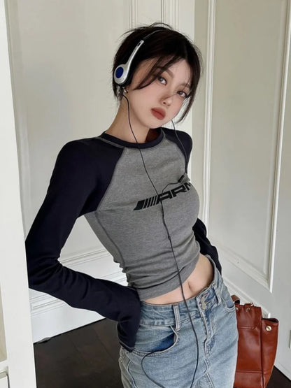 qgtao Y2k Slim T-shirts Women Patchwork Long Sleeve Top Female Fashion Letter T Shirt Ladies American Retro Casual Top Streetwear