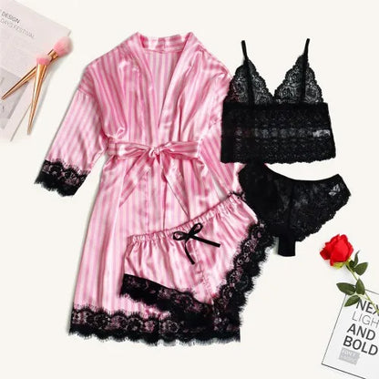 qgtao Woman Sleepwear 4pcs Floral Lace Trim Satin Pajamas Set with Robe Sexy Faux Silk Pijamas Robe Sets Casual Home Clothes Nightwear sleepwear