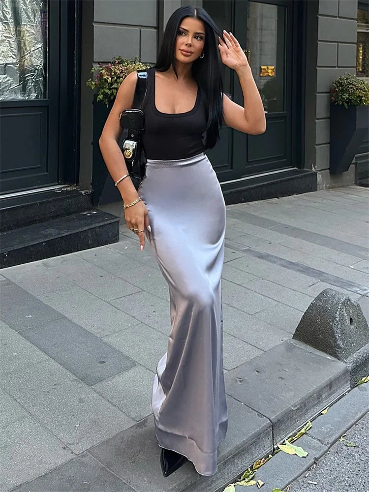 qgtao High Waist Solid Fashion Long Skirt Women Slim Patchwork Elegant Y2k Maxi Skirt Autumn 2023 Satin Sexy Ladies Maxi Skirt