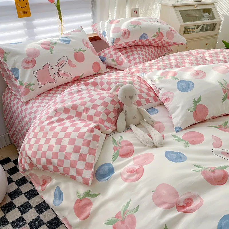 Yeknu Cotton Bedding Set Pastoral Style Floral Bear Fitted Sheet Duvet Cover Pillowcase Fashion Cartoon Boy Girls Dormitory Bedclothes