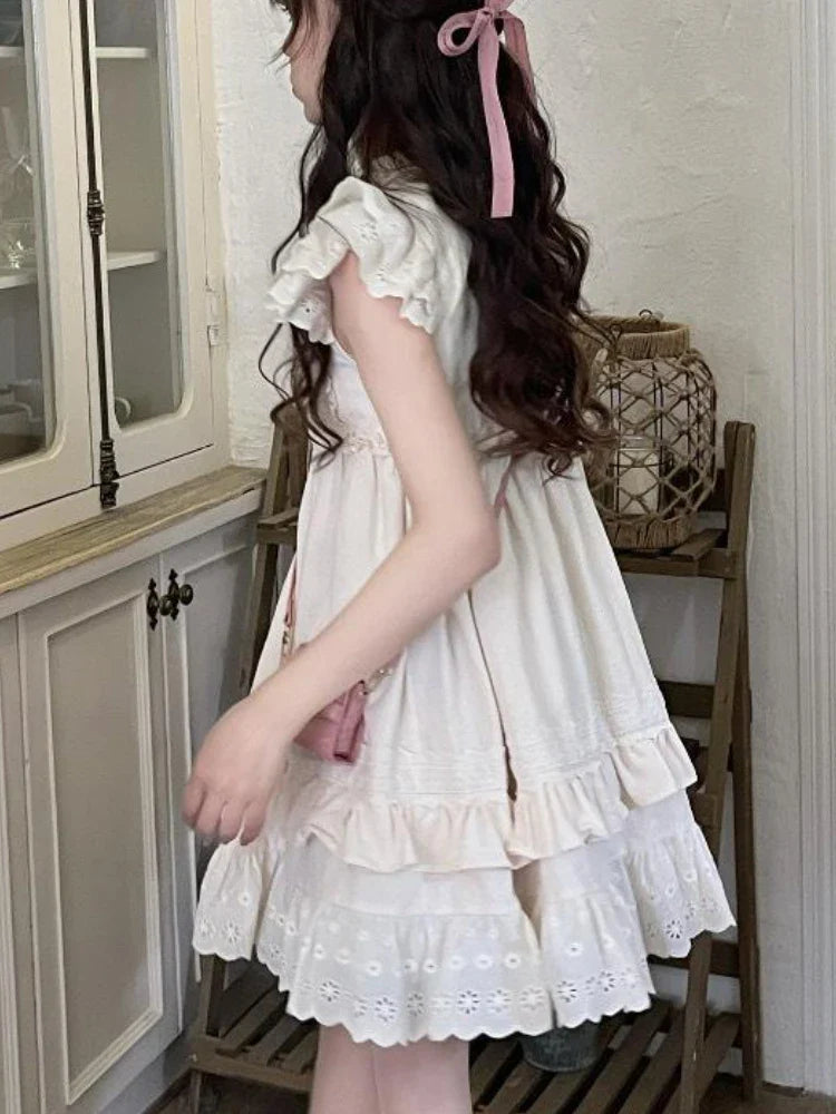 qgtao Summer Lolita Kawaii Mini Dress Women Flying Sleeve Japanese Sweet Cute Dress Female Korean Style Ruched Fairy Dress 2023 New