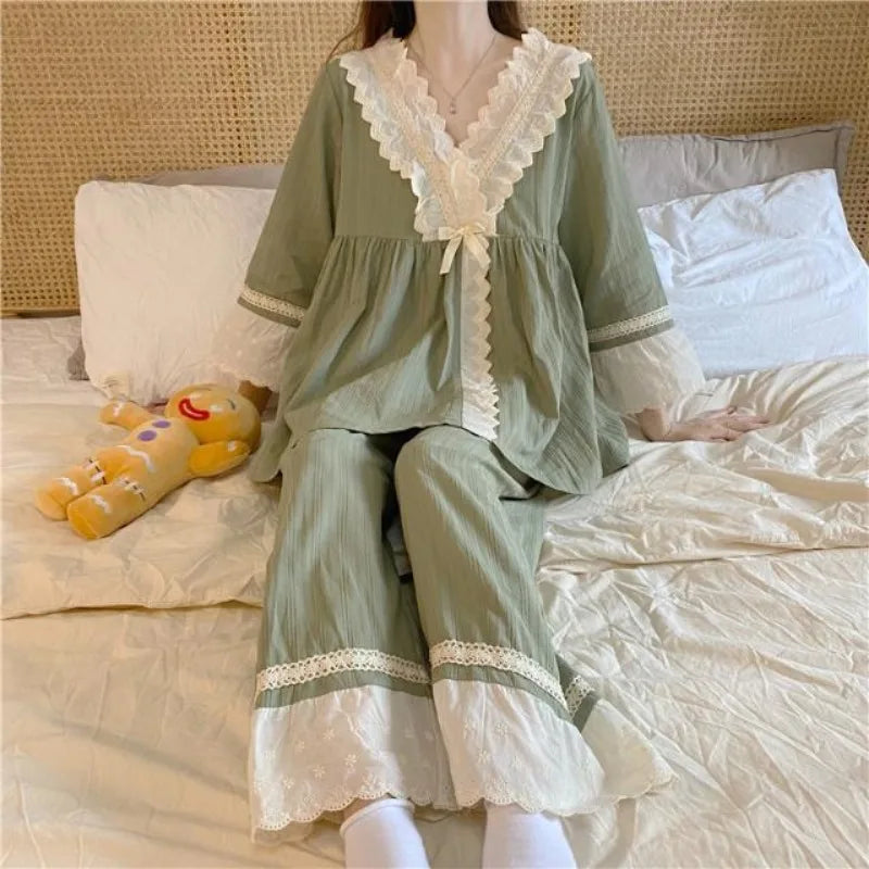 qgtao 2024 New Pajamas for Women Solid Color Sweet Loose Sleepwear Pullover Homewear Set V-neck Lace Contrasting Colors Loungewear