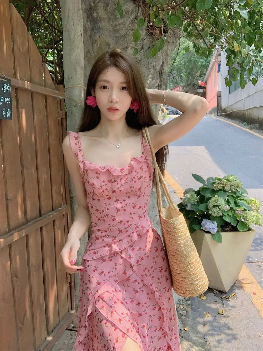 qgtao Vintage Ruffles Floral Strap Dress Women Casual Korean Chic Split Midi Dress Women 2024 Autumn Fashion Elegant Beach Party Dress