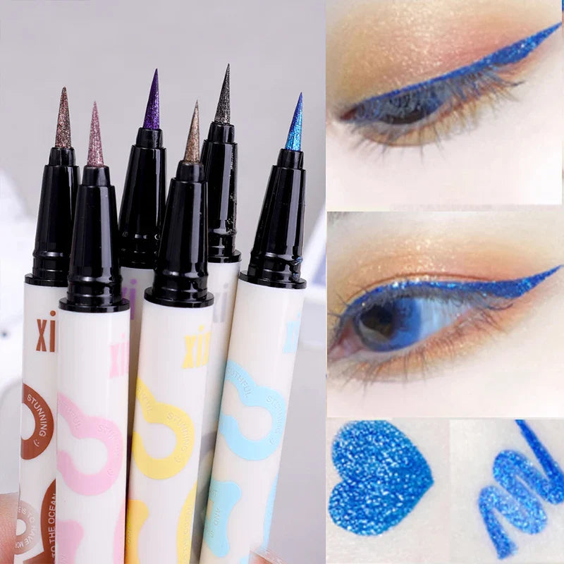 qgtao 6 Colors Thin Pearlescent Eyeliner Liquid  Pencil 3 in 1 Shiny Silkworm Eye Shadow Stick Lasting Smooth Glitter Eyeliner Makeup