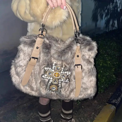 qgtao Y2k Womens Shoulder Bag Autumn and Winter Fashion Crucifixion Vintage Tote Bag Harajuku Rhinestone Large Capacity Handbag