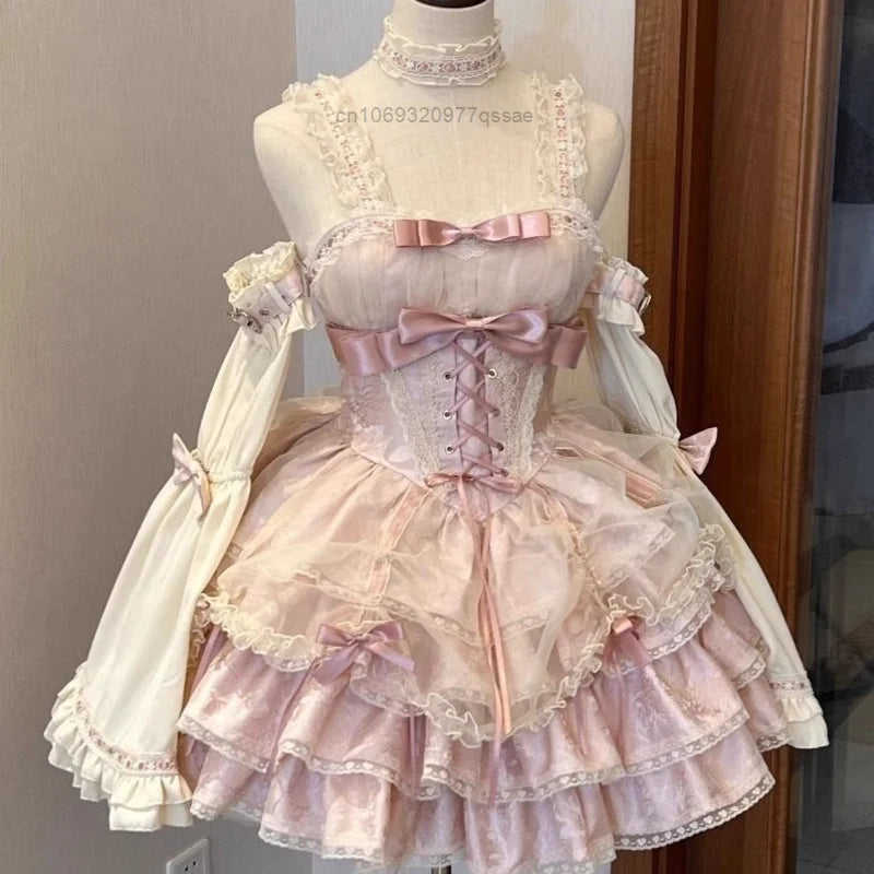 qgtao French Rose Deacon Jacquard JSK Party Corset Dress Set Court Style Women's Sweet Elegant Ball Gown Ballet Style Lolita Dress