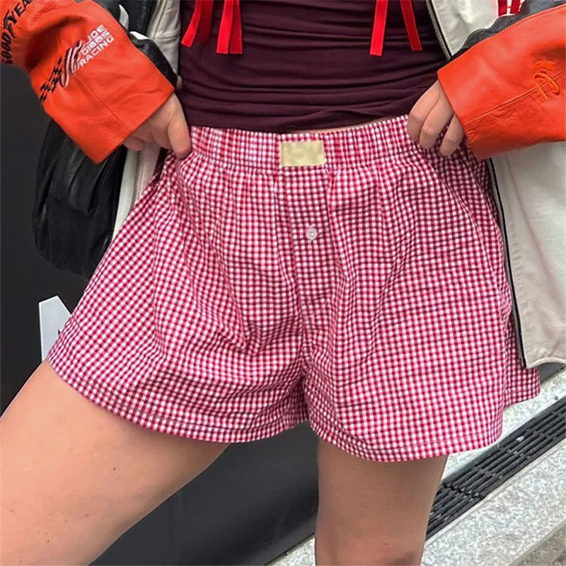 qgtao Y2k Aesthetic Plaid Shorts Women's Cute Pajamas Short Pants Lounge Sleep Bottoms Elastic Waist Button Casual Baggy Sweat shorts