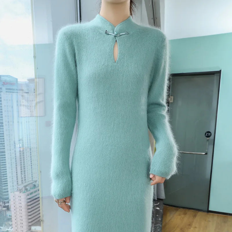 qgtao 100% Mink Cashmere Dress Women's Stand up collar Pullover Long Skirt Slim Fit Fashion Long Warm Dress Autumn Winter Solid Color