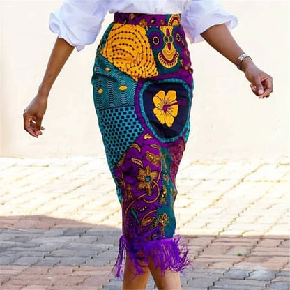 qgtao Women Summer Print Skirt Vintage Floral African Fashion High Waist Tassel Classy Modest Elegant Retro Jupes Falads Plus Size New