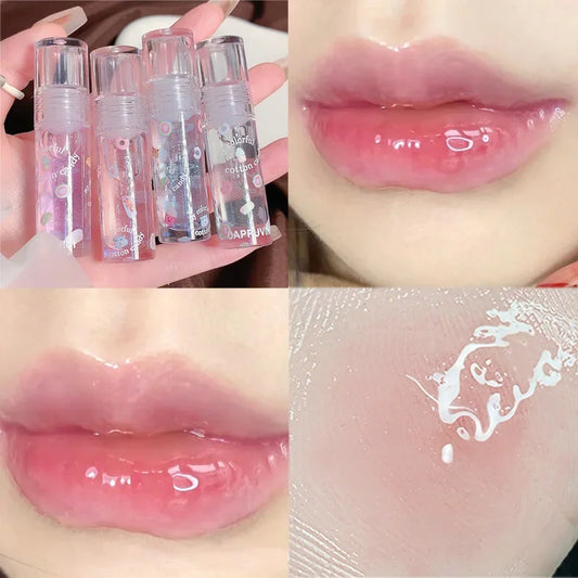 qgtao Cotton Candy Transparent Lip Gloss Mirror Moisturizing Lip Oil Lasting Clear Glitter Hydrating Plumping Liquid Lipstick Makeup