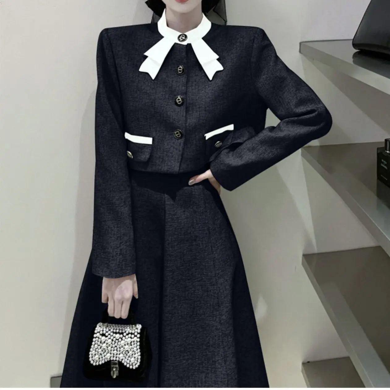 qgtao Korean Elegant Two Piece Set Women Autumn Chic Bow Coat Folds Midi Skirt Set Vintage Office Lady Formal Occasion Party Skirt Set