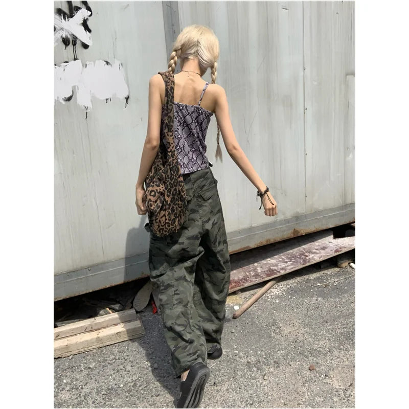 qgtao  -  Green low Waist Women Overalls Camouflage American Fashion Loose Streetwear Style Wide Leg Female Trouser Baggy Straight Pants