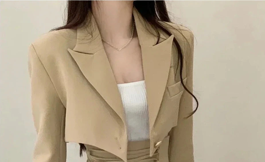 qgtao 2 Piece Dress Set Women Casual Y2k Crop Tops Elegant Jacket Coats + Mini Skirts Korean Fashion Suits 2024 Spring Blazers Dress