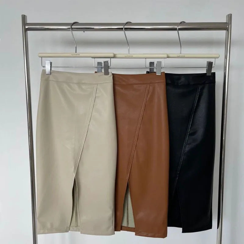 Simplicity Commute Solid Color Temperament Leather Skirts for Women Slim High Waist Split Sexy Bag Hip Skirts Female Clothing
