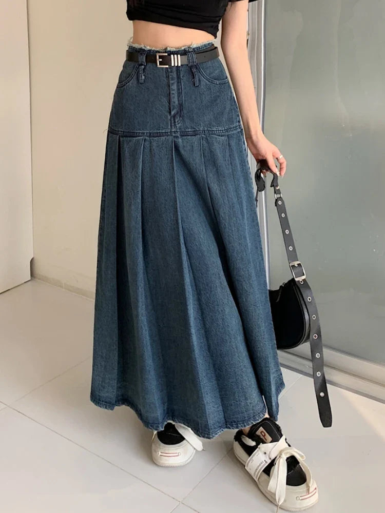 qgtao Long Skirts Women Vintage Spring Summer High Waist Jean Skirt Ladies  A-Line Ruffle Pleated Denim Skirt Plus Size With Belt