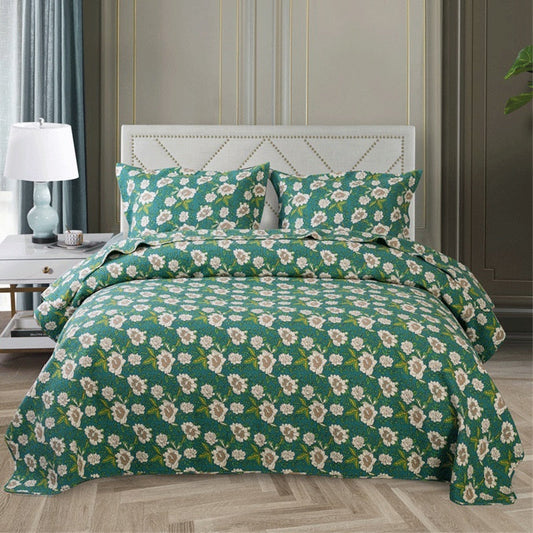 Yeknu Double Bed Cotton Green White Flowers 3pcs Printed Quilted Quilt Pillowcase Free Shipping