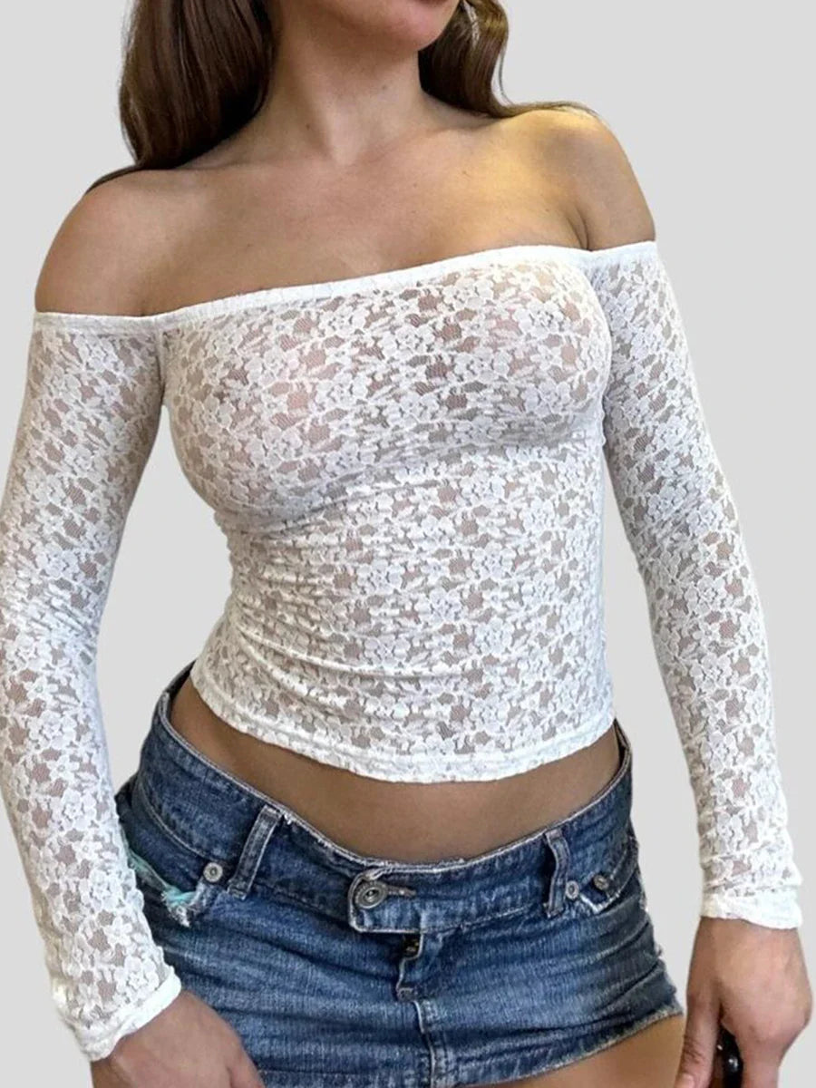 qgtao Y2k Sexy Lace Off Shoulder T-Shirt Long Sleeve Bodycon Cropped Tee Tops Solid Slim Shirt Blouse 2000s Aesthetic Tops