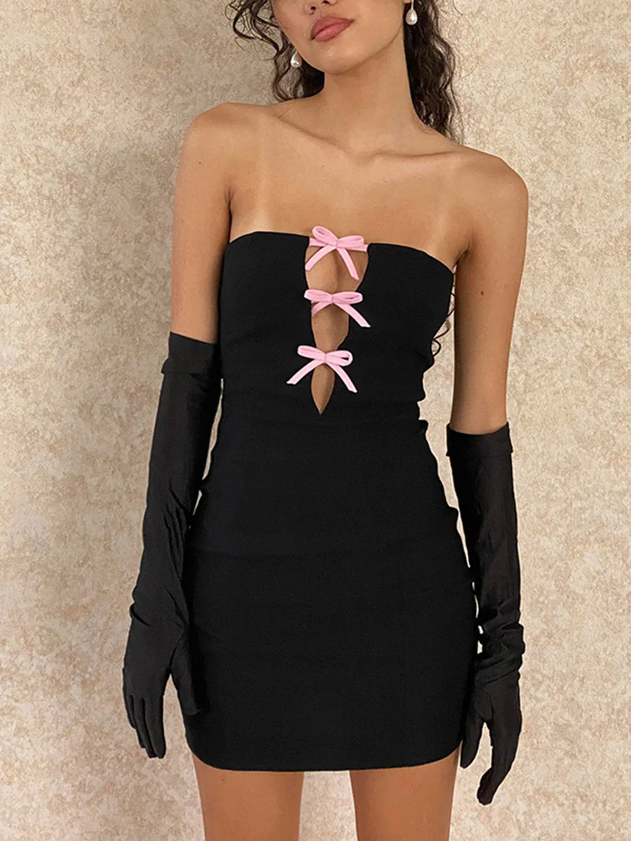 qgtao Pink Bow Hollow Out Strapless Tube Mini Dress Chic Women Y2K Sexy Deep V Off Shoulder Backless Bodycon Dresses Club Streetwear