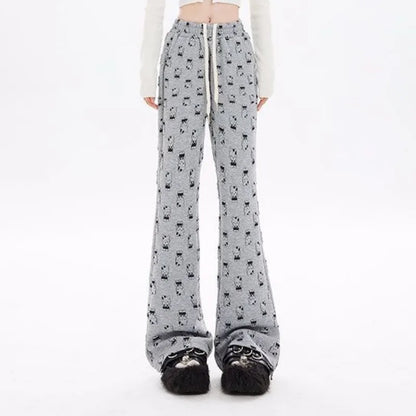QWEEK Y2K Cartoon Print Sweatpants Women Cute Kawaii loose Casual Drawstring Wide leg pants Streetwear Harajuku High Waist Pants