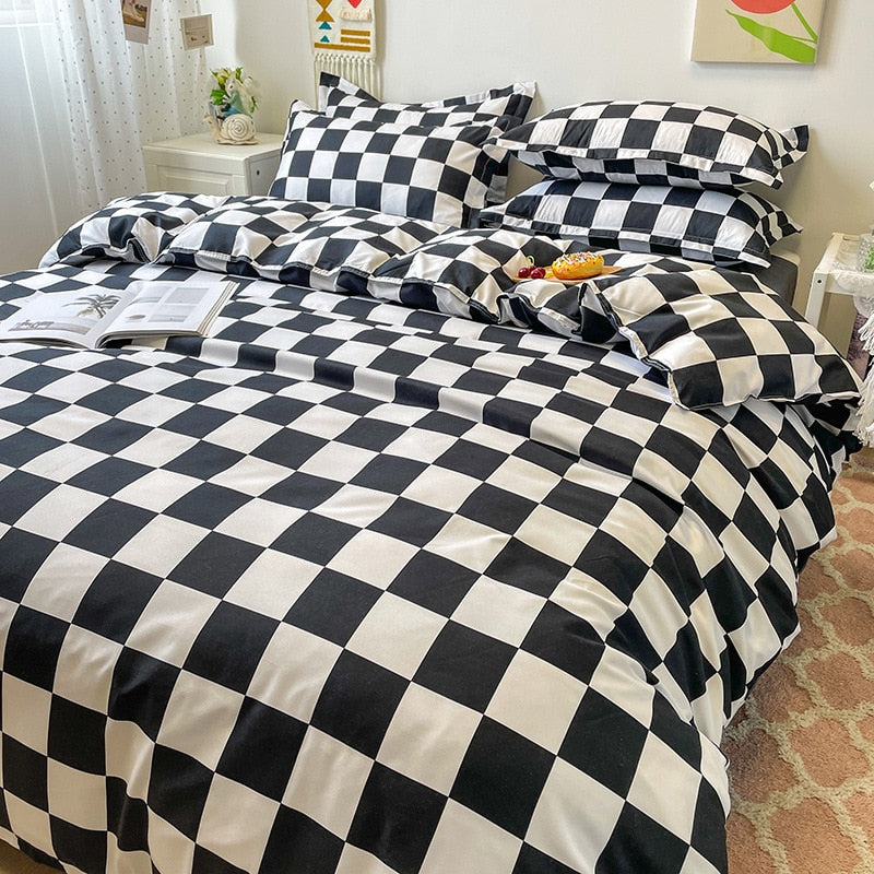 Yeknu King Size Bedding Set with Quilt Cover Flat Sheet Pillowcase Kids Girls Boys Checkerboard Pinted Single Double Bed Linen