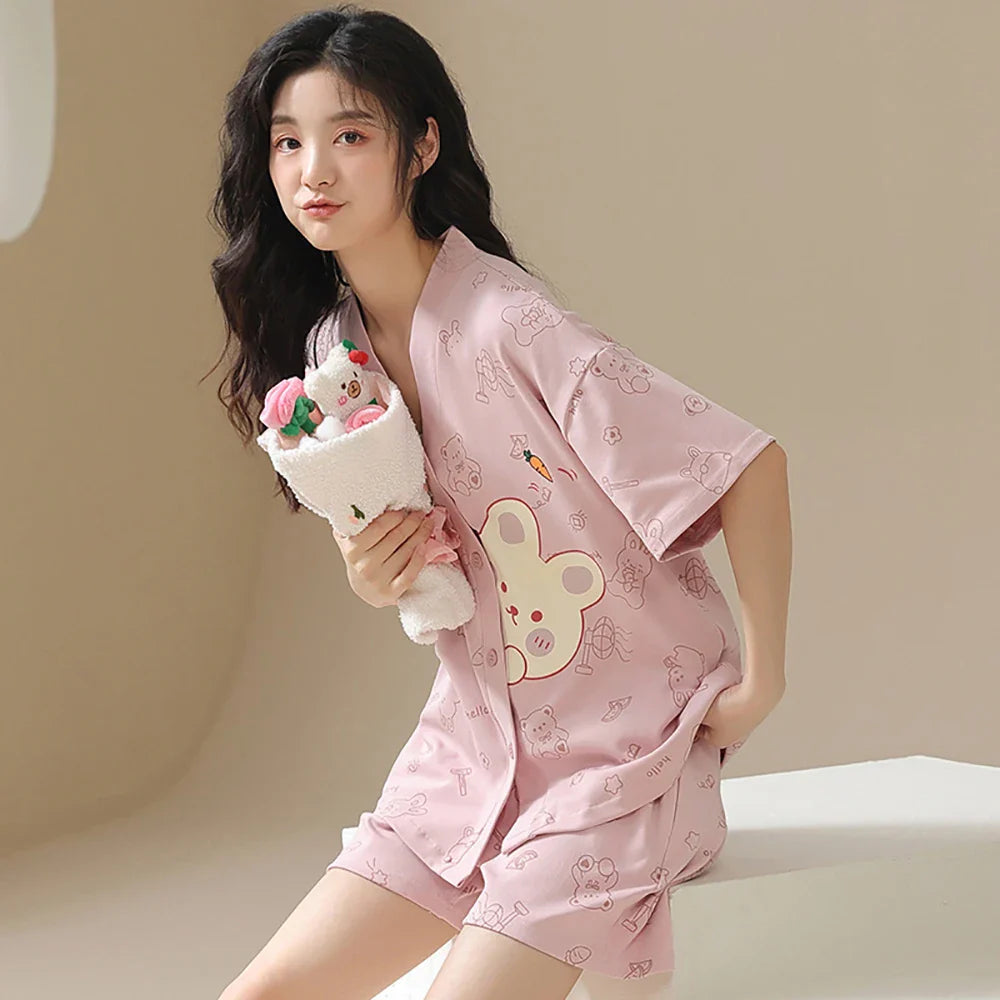 qgtao Sleepwear M-2XL 100% Cotton Trousers Sets Cartoon Print V Neck Sleepwear Summer Thin Short Sleeve Pajama Casual Comfortable Pijama Mujer