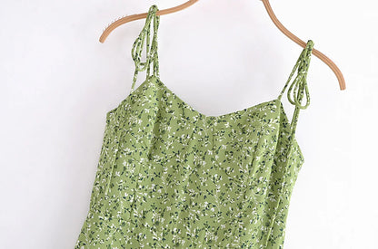 qgtao   Women Vintage Green Floral Print Thin Strap Chiffon Dress French Style Ladies A-line Short Summer Dress Sling Robe