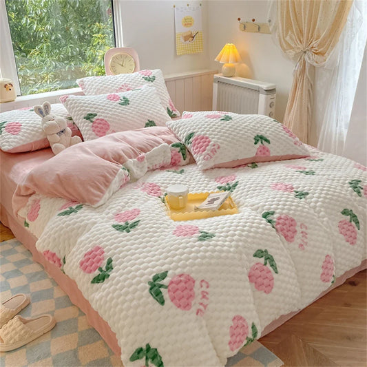 Yeknu New Milk Velvet Bedding Set Thickened Bean Velvet Warm Four Piece Sets Quilt Cover Bed Linen Pillowcase Queen King Bedroom Decor