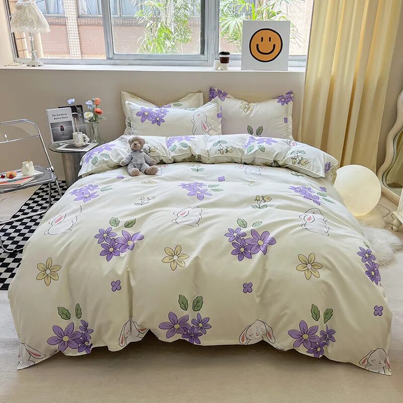 Yeknu - Floral Printed Duvet Cover Set with Sheet Pillowcases Warm Cute Cartoon Bed Linen Full Queen Size Home Gift Bedding Set