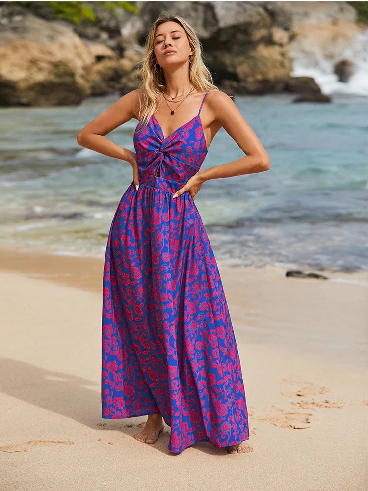 qgtao Floral Print Knotted Maxi Dress For Women Sexy V-neck Back Tie Holiday Beach A-line Dress 2024 Summer Female Sundress