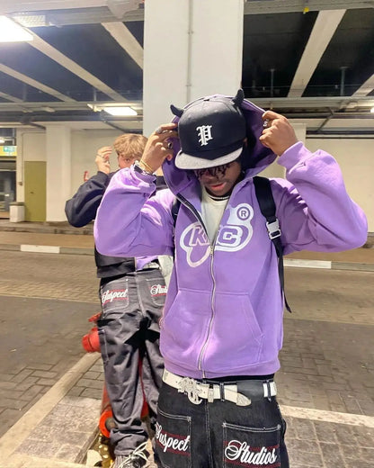 Y2k Vintage Casual Hip Hop Print Zip Up Hoodies Aesthetic Gothic Fashion Long Sleeve Hooded Sweatshirt Clothes Women Man
