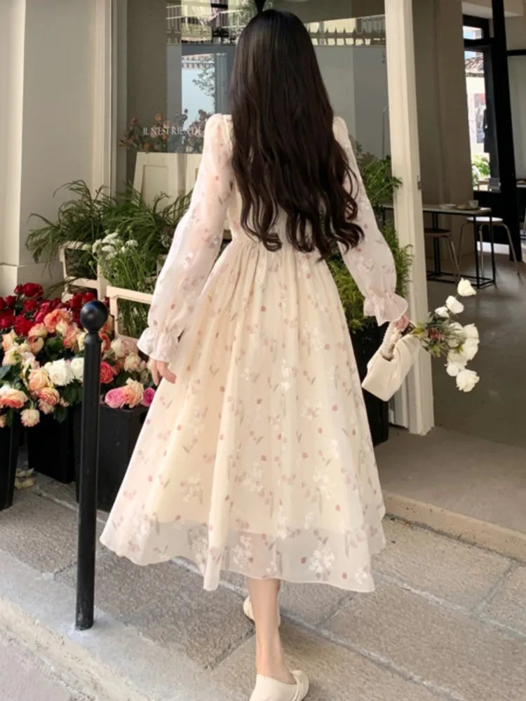 qgtao French Floral Print Fairy Midi Dresses for Women Square Collar Lace Patchwork High Waist Long Sleeve A-line Autumn Vestidos New