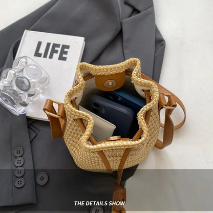 qgtao Summer Straw Handbag Drawstring Women Bucket Bag Weave Hobo Purses Casual Satchel Bags Messenger Bag for Vacation Crossbody Bags
