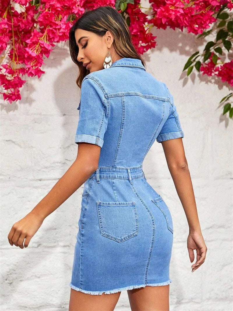 qgtao Streetwear Jean Jacket Dress Women Summer Y2K Clothing Short Sleeve Button Up Mini Dress Vintage Cowboy Denim Dress Vestidos