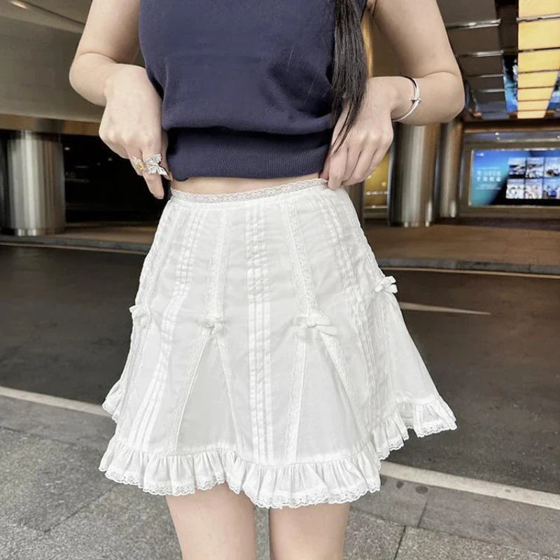 qgtao White Ruffle Mini Skirt Women Kawaii Sweet Lace Coquett Skirt Patchwork Lolita Skirts Bow Basic Casual Y2k Aesthetic