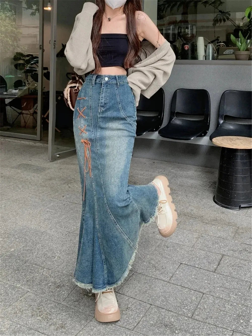 qgtao Y2k Aesthetic Vintage High Waist Denim Midi Skirt Slim Women Korean Streetwear Bandage Mermaid Skirts Elegant Blue Trumpet Skirt