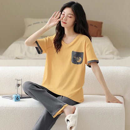 qgtao M-2XL 100% Cotton Women's Pajamas Casual Summer Short Sleeve Thin Pijama Sets Breathable Soft Pajama Sleepwear With Two Pockets
